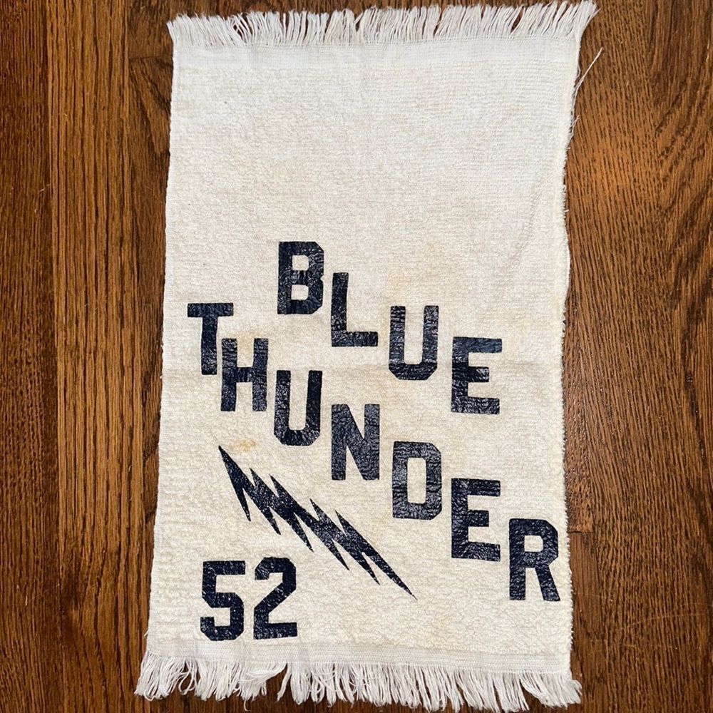 Vtg white terry cloth bowling or sports towel embossed with Blue Thunder 52‎